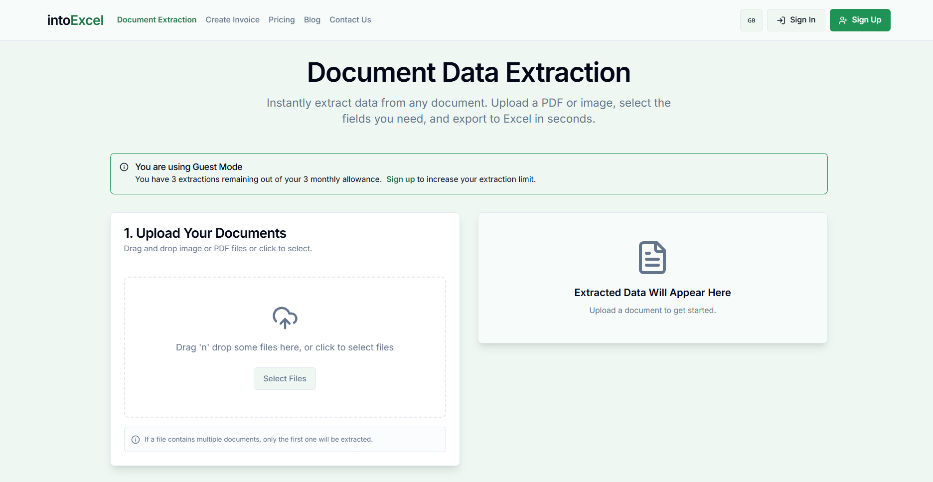 IntoExcel tool for uploading a bank statement and selecting fields